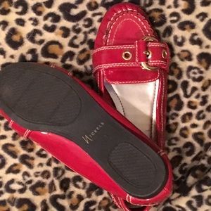 Size 8. Red, patten leather, gold buckle flats